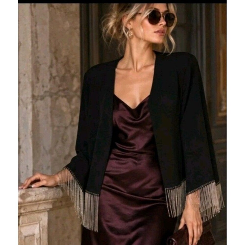 Modàh Made in Italy Black Draped Jacket Metallic Chain Fringe Size L 3/4 Sleeves